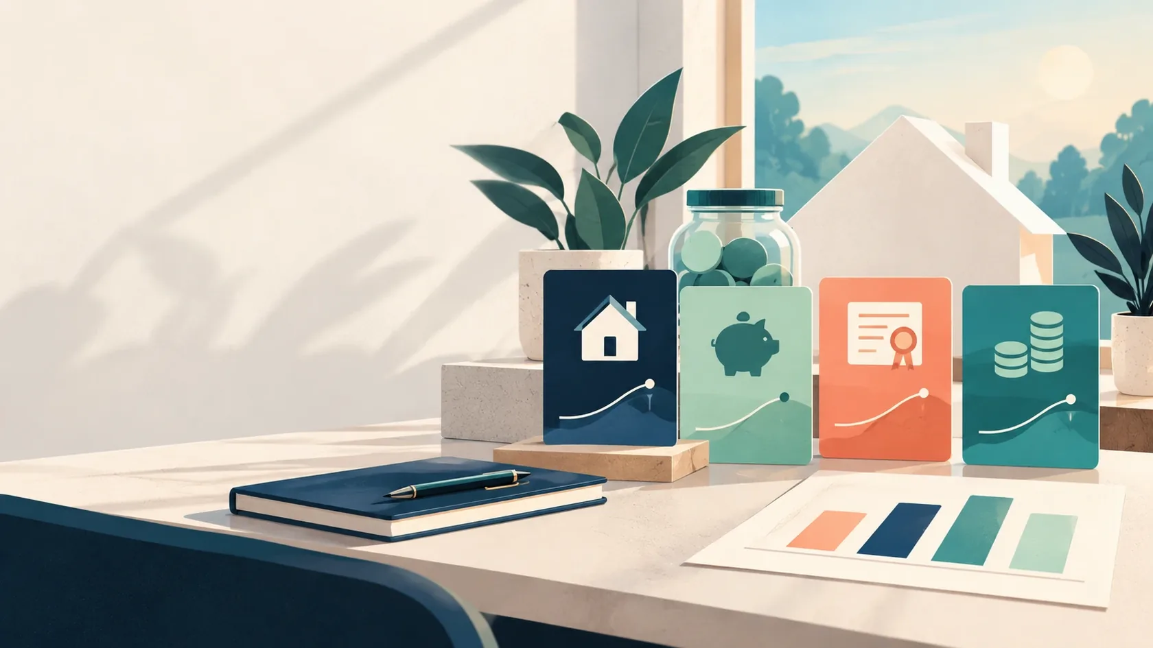 Illustrated mortgage, savings, certificate and borrowing rate cards on a morning desk